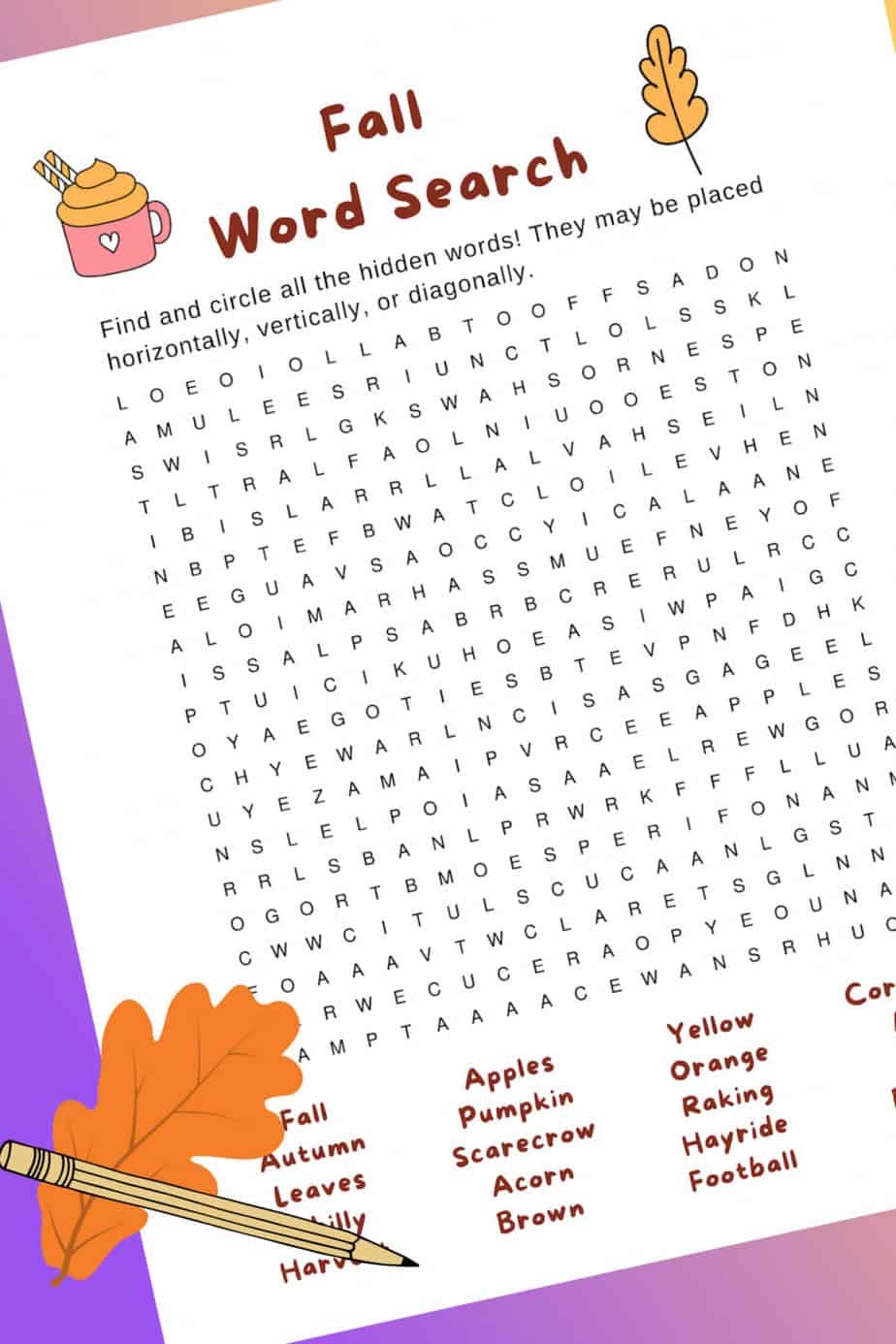 Word Search Puzzles Printable Fall Theme