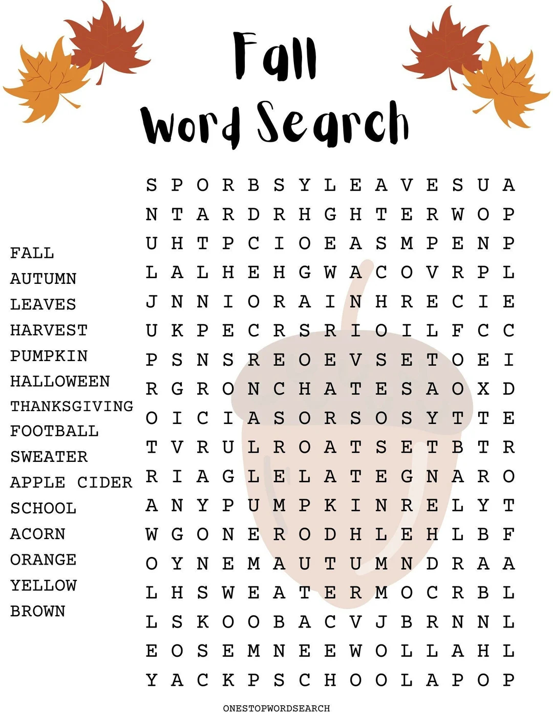 Printable Autumn Word Search