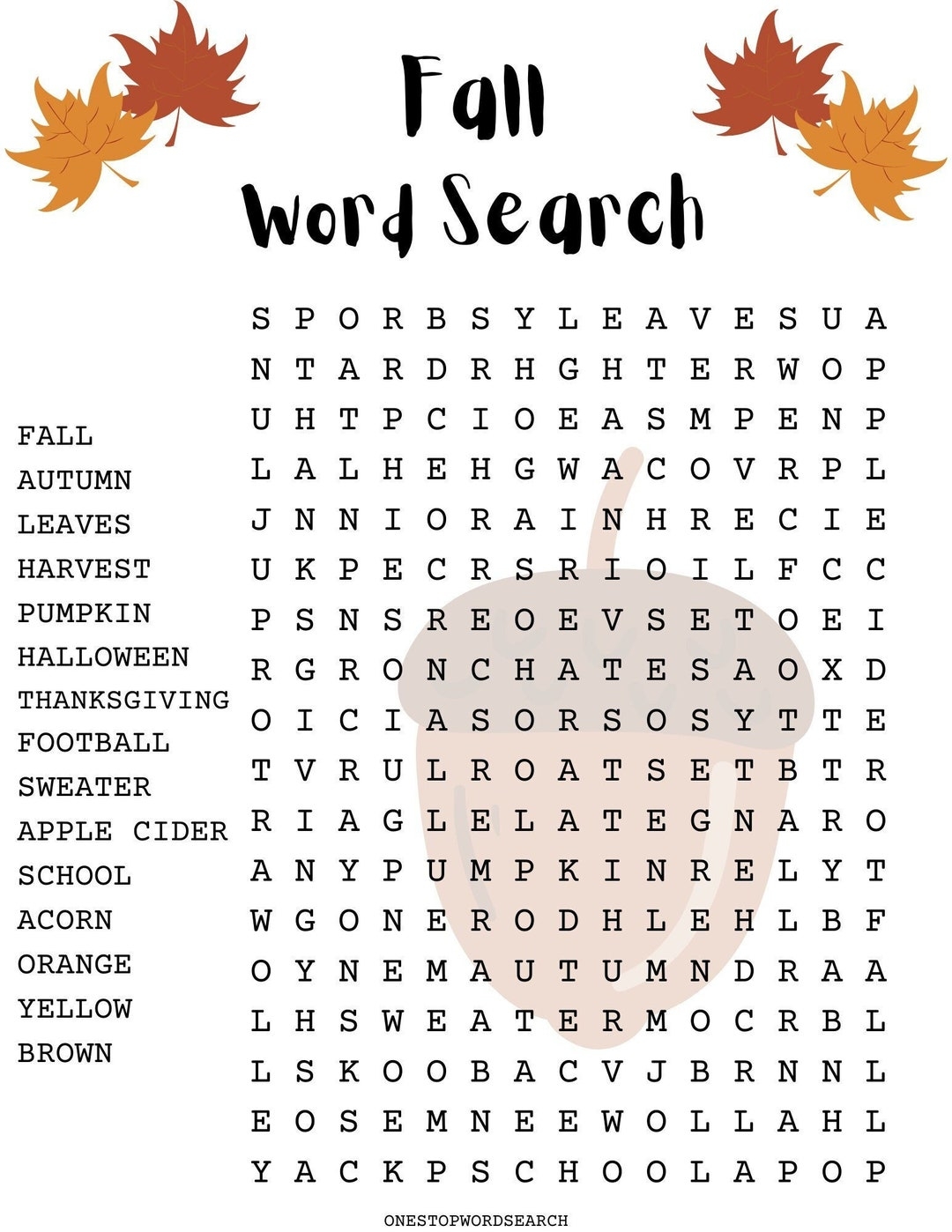 Fall Word Search Puzzle With Answer Sheet Autumn Word Search Seasonal Games Seasonal Puzzles Family Activities Childrens Puzzles Etsy Sweden Worksheets Library