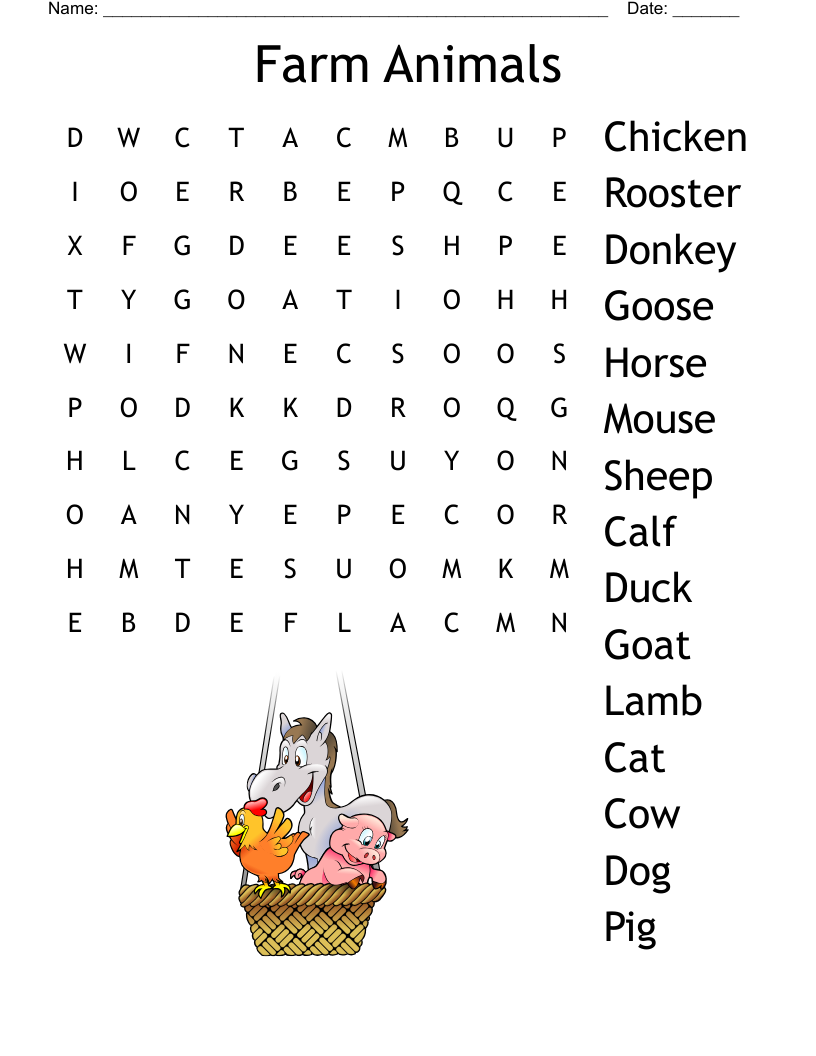 Farm Animal Word Search Printable