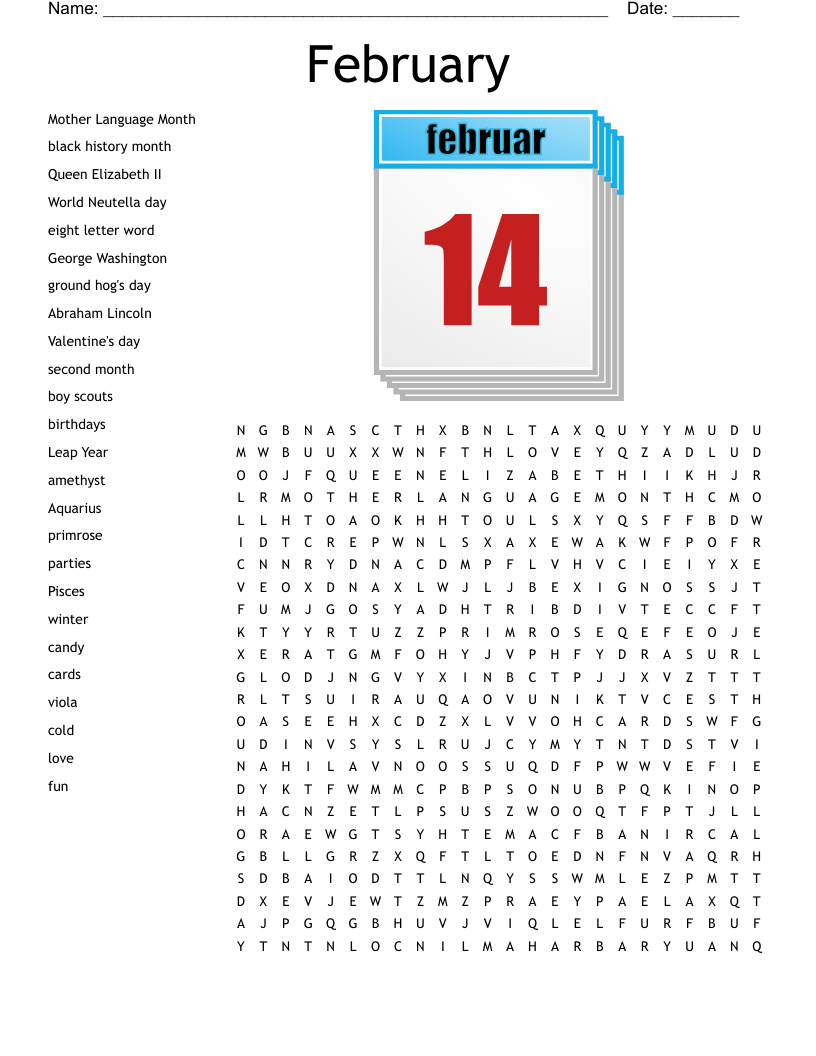 February Word Search Printable Free