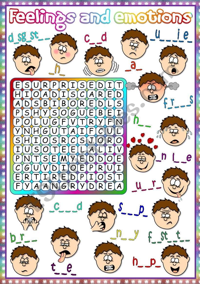 Feelings And Emotions WORDSEARCH Greyscale Included ESL Worksheet By Mada 1