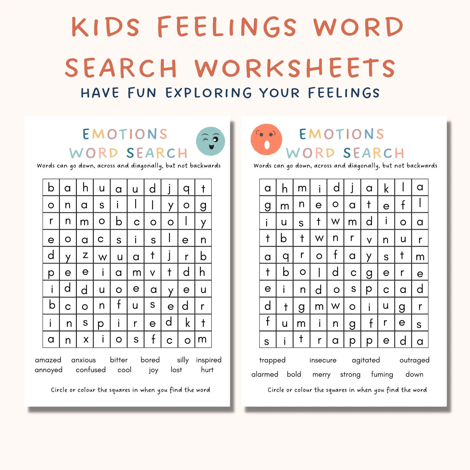 Feelings Word Search Worksheets Kids Feelings Calming Down Corner Social Emotional Learning Calm Down Corner Mindfulness Counselor Etsy
