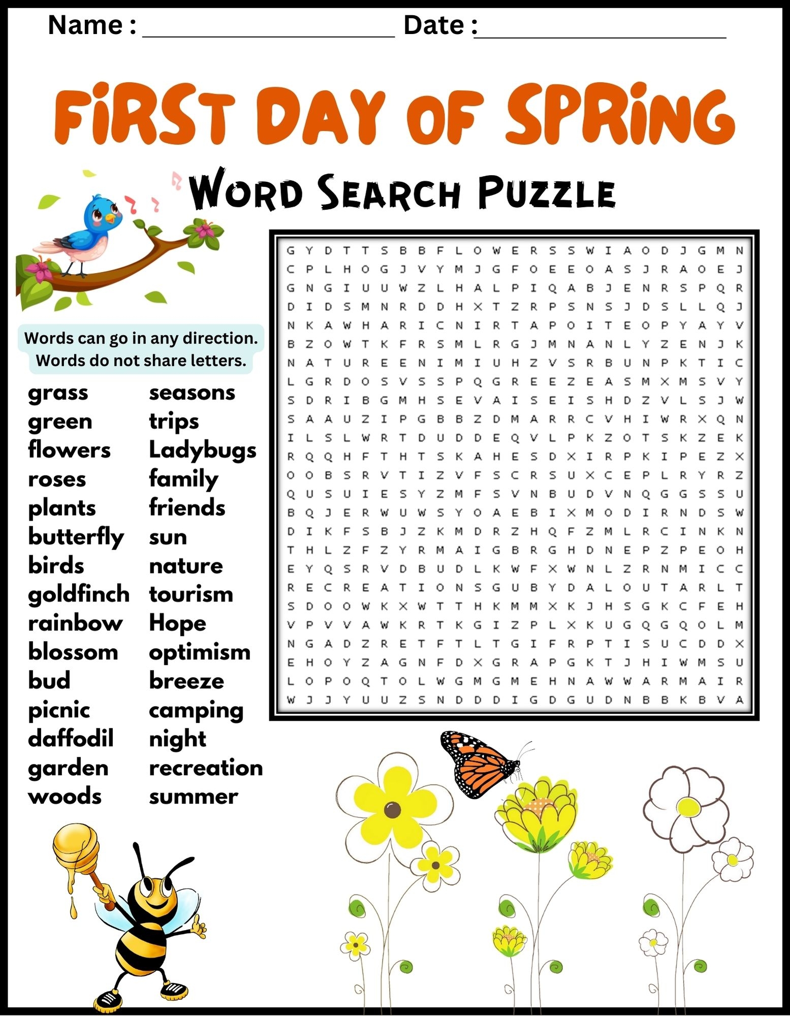 FIRST DAY OF SPRING VOCABULARY Word Search Puzzle Worksheet 