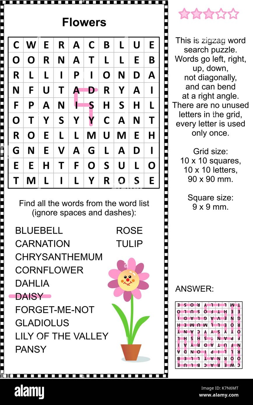 Flowers Themed Zigzag Word Search Puzzle suitable Both For Kids And Adults Answer Included Stock Vector Image Art Alamy
