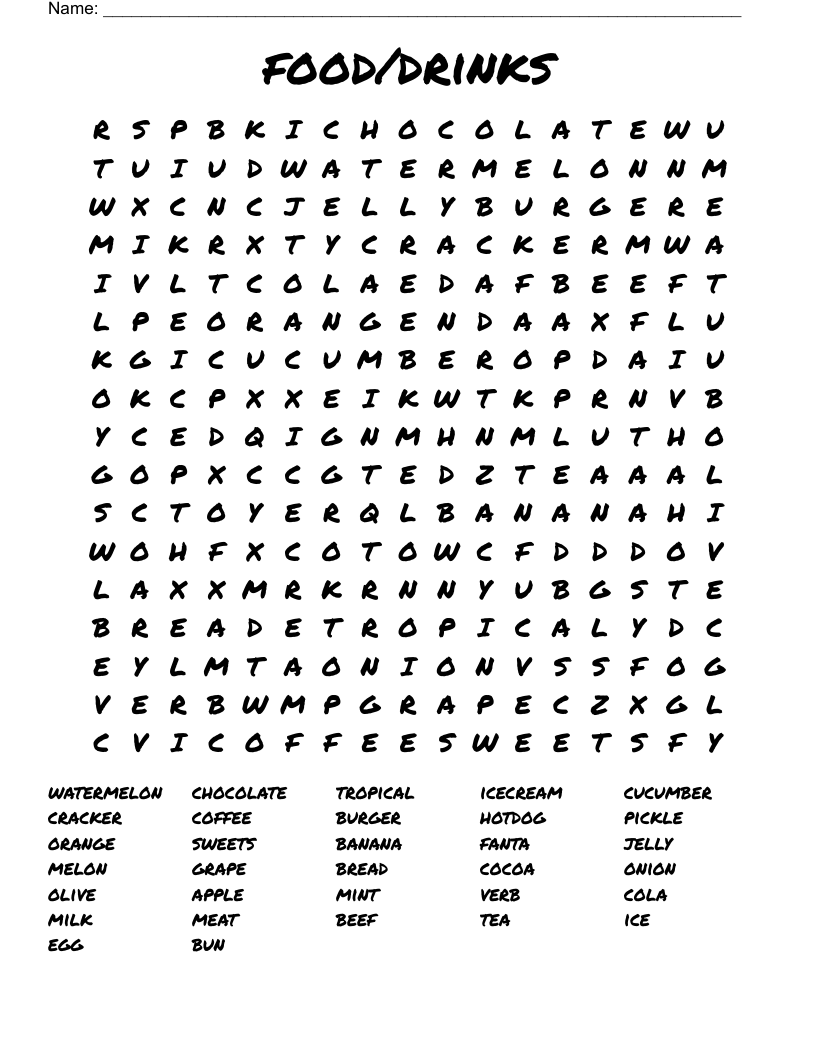 Food drinks Word Search WordMint