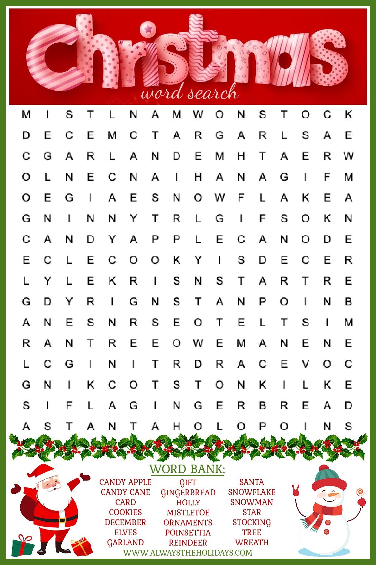 free christmas word search printable with answer key included