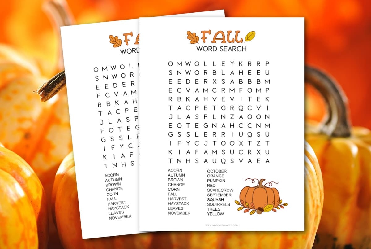 free fall word search printable for kids made with happy