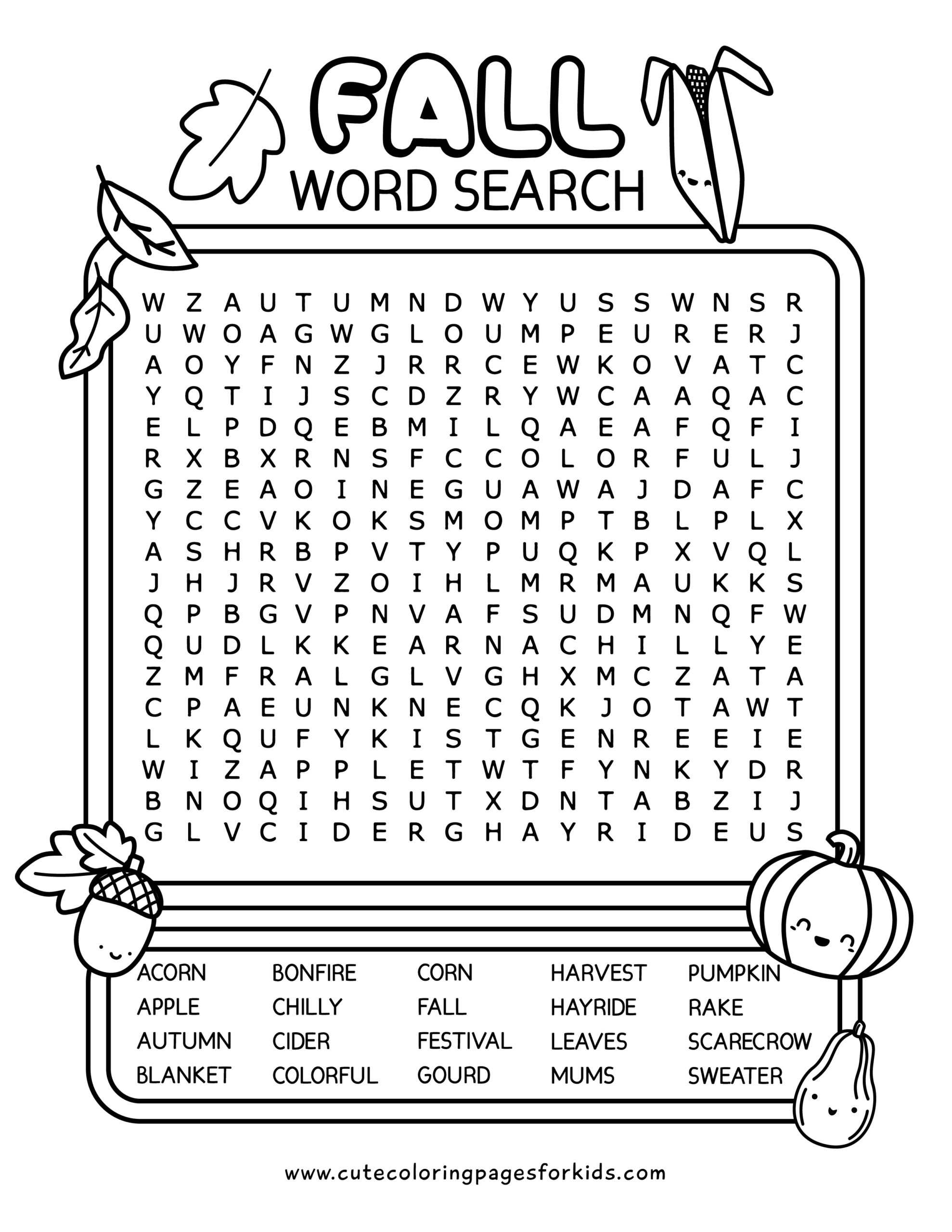 free fall word search printables for kids cute coloring pages for kids