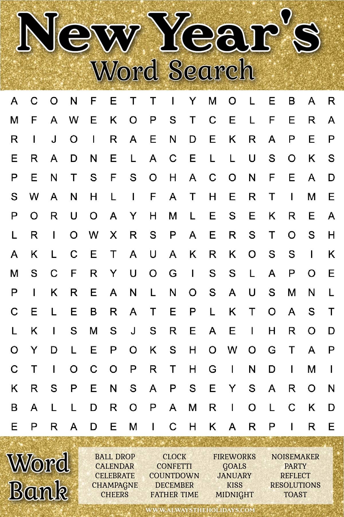 Free New Year s Word Search Printable Answer Key Included