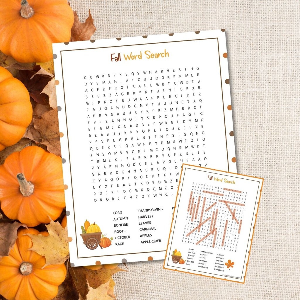 free printable fall word search with answer key