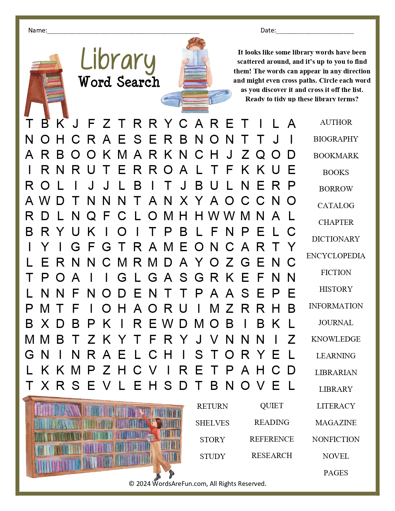 free printable library word search