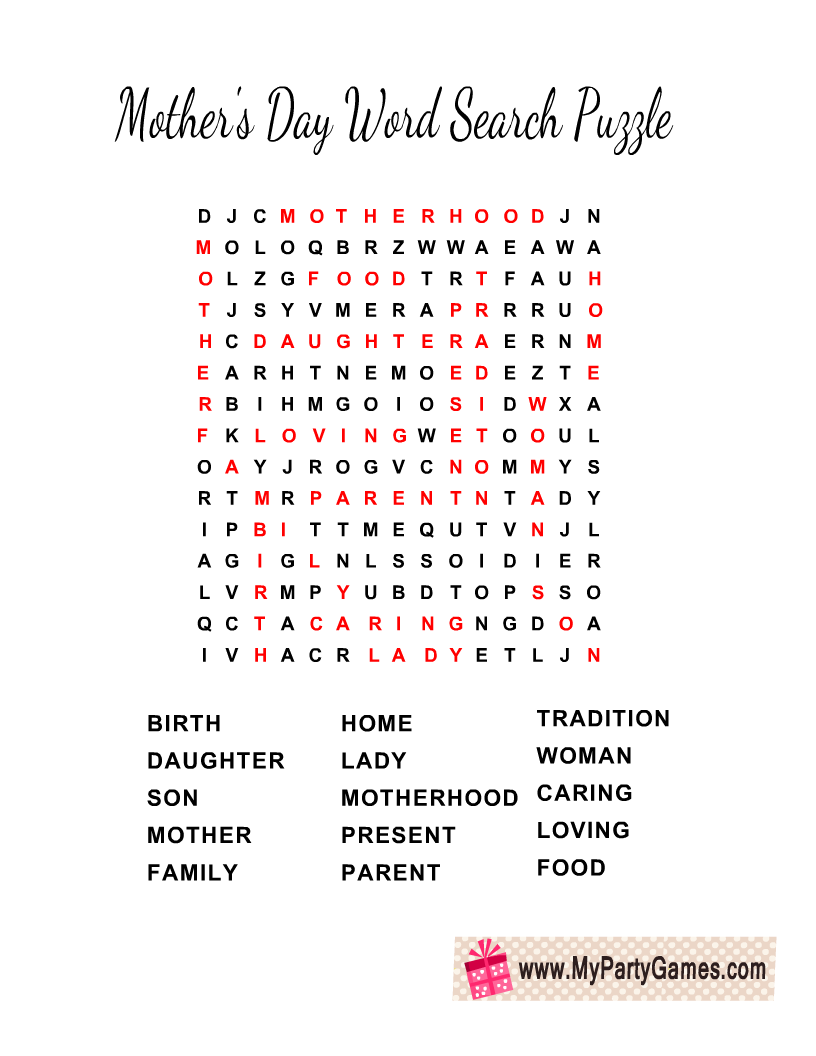 Free Printable Mother s Day Word Search Puzzle With Key Free Printable Mother s Day Word Search Puzzle With Key