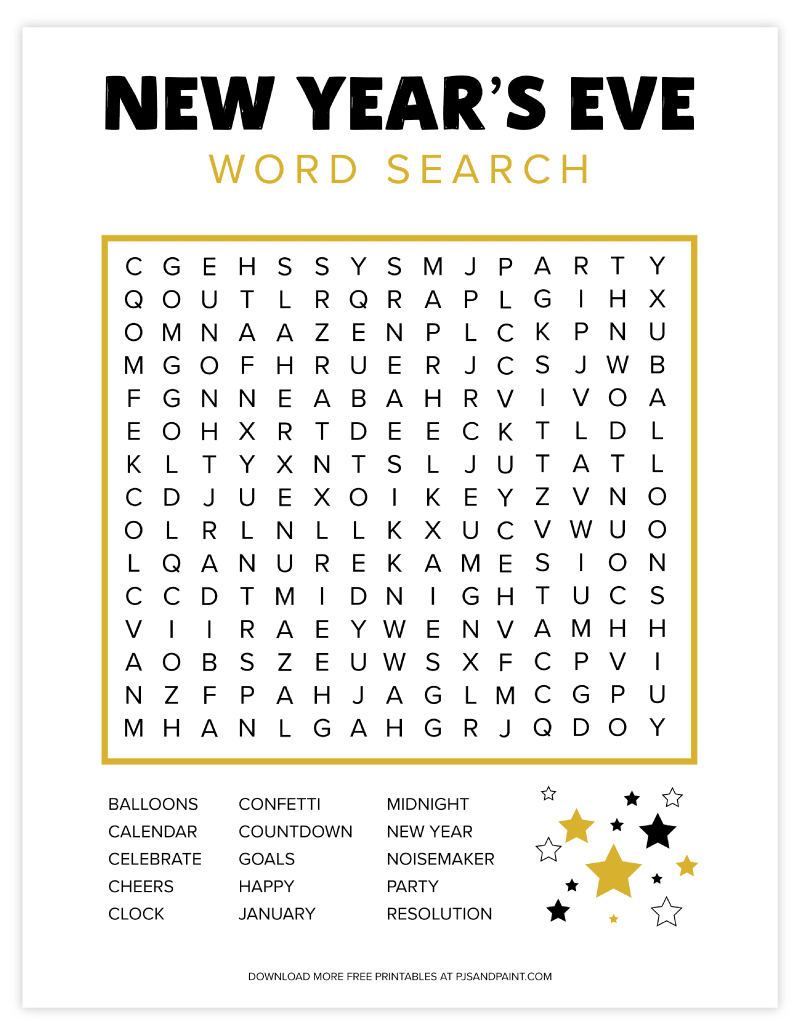 Free Printable New Year s Eve Word Search Pjs And Paint