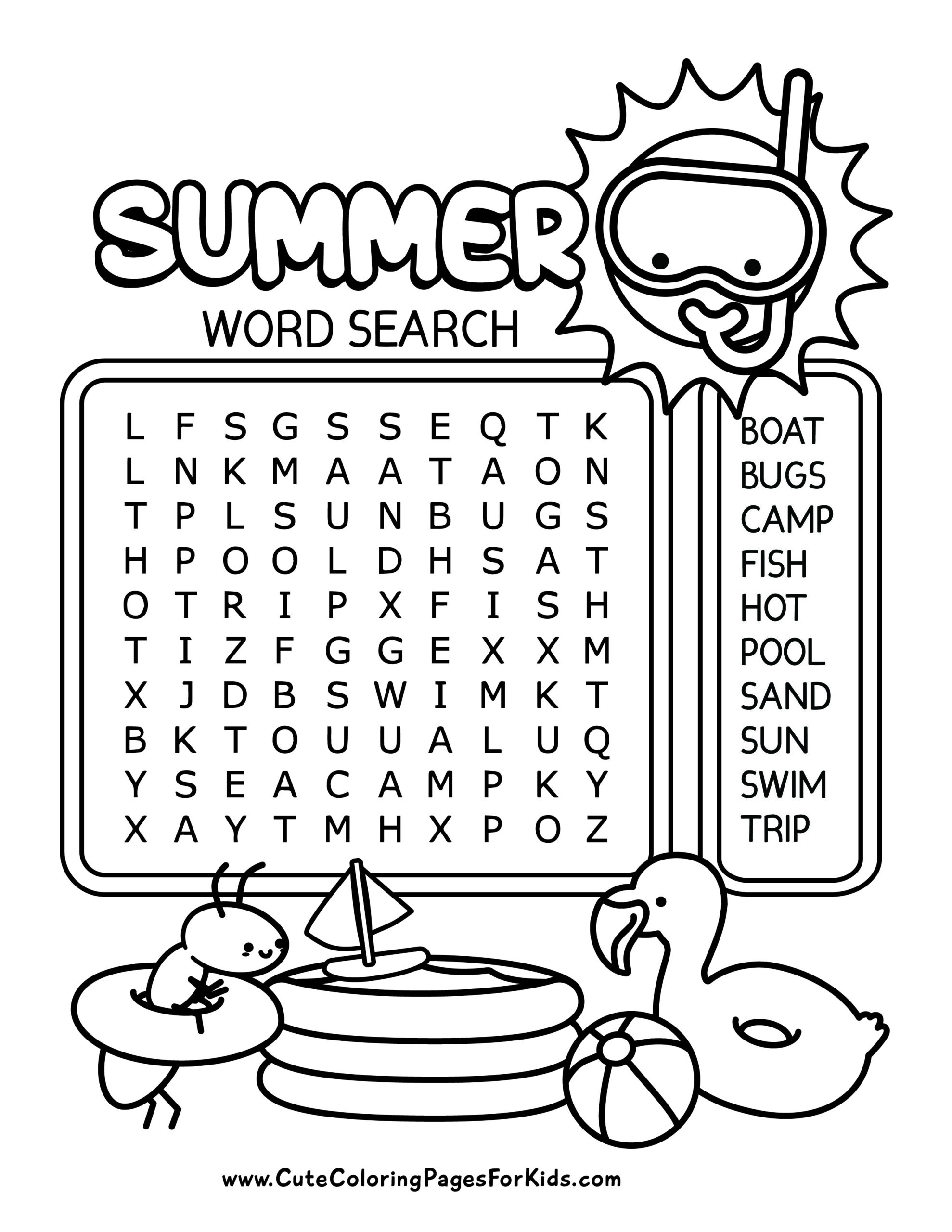 free printable summer word search for kids cute coloring pages
