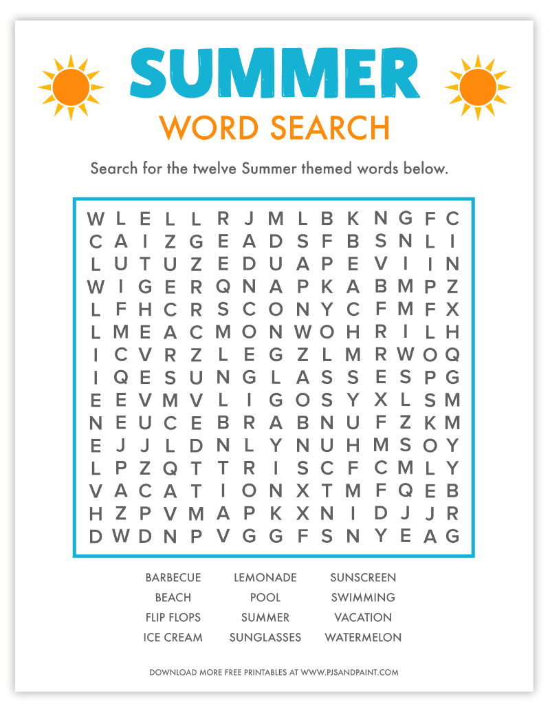Free Printable Summer Word Search Pjs And Paint Worksheets Library