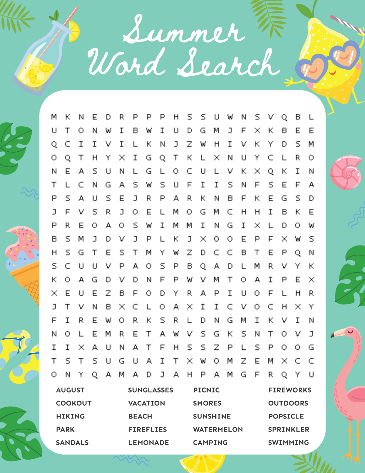 Summer Word Search Printable Pdf