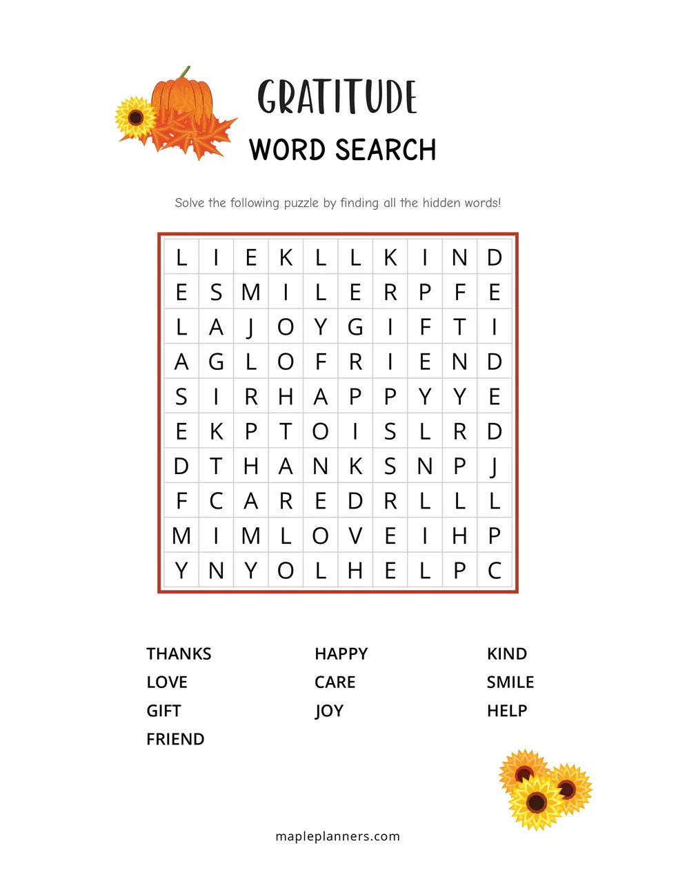 Easy Thanksgiving Word Search Printable