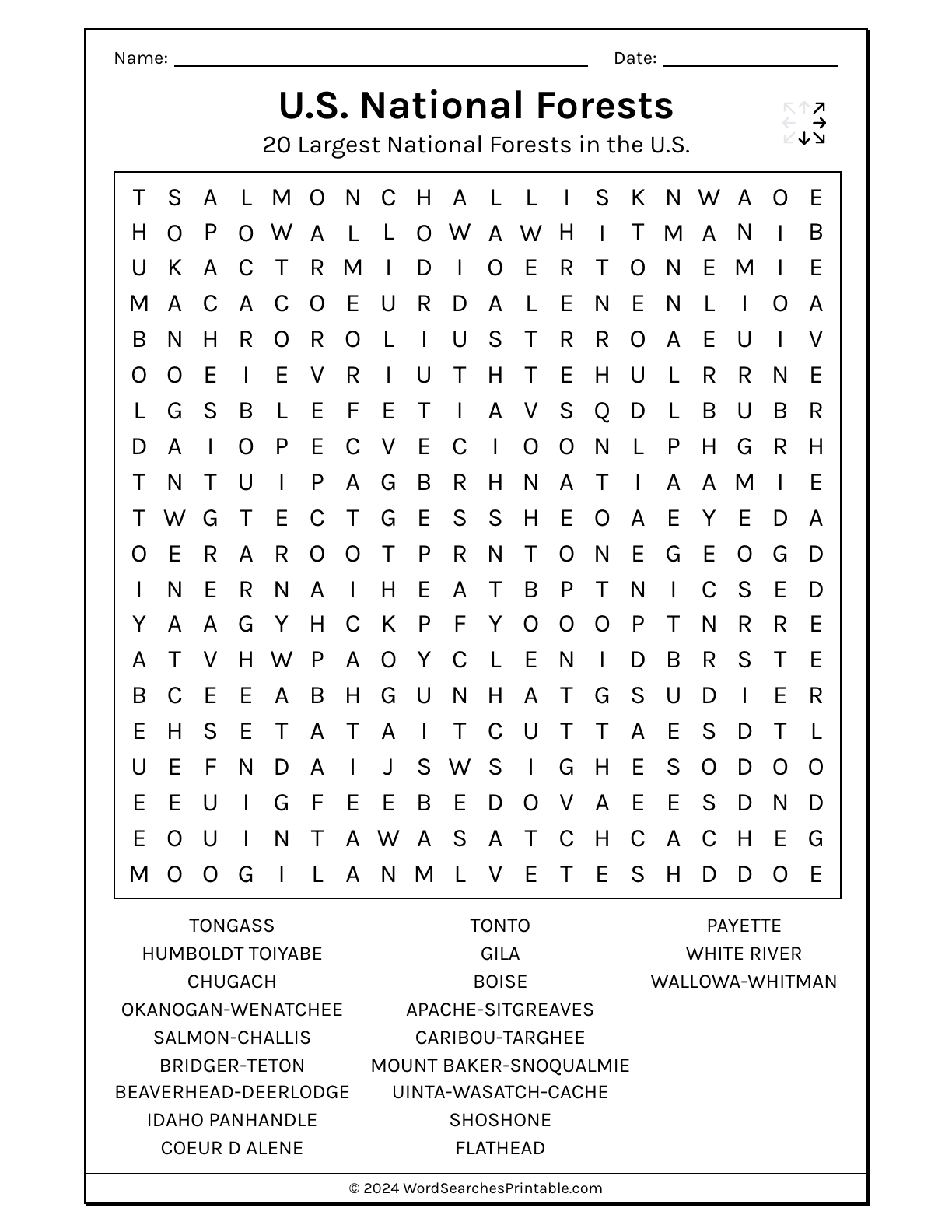 Free Printable U S National Forests Word Searches