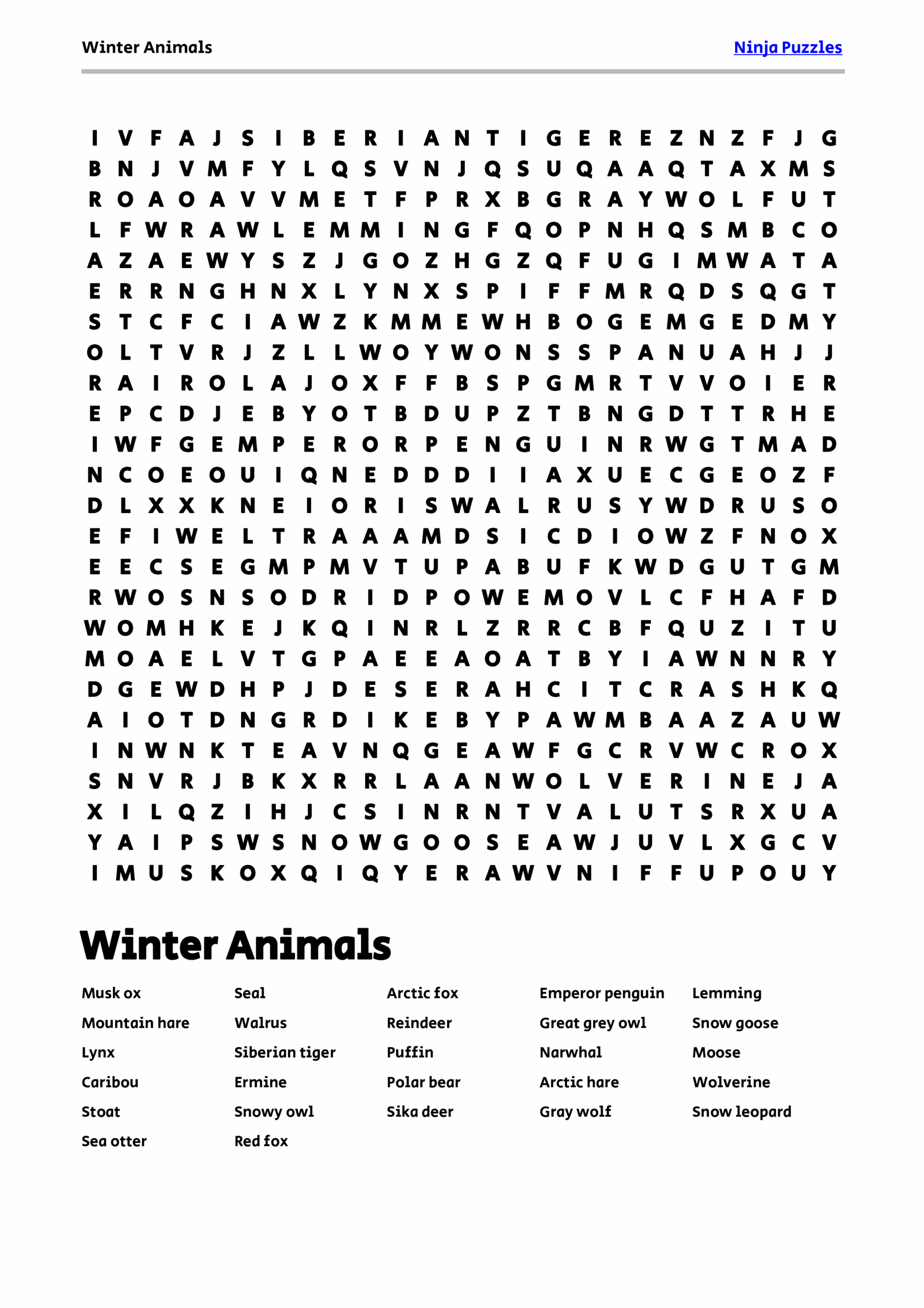 free printable winter animals themed word search puzzle free
