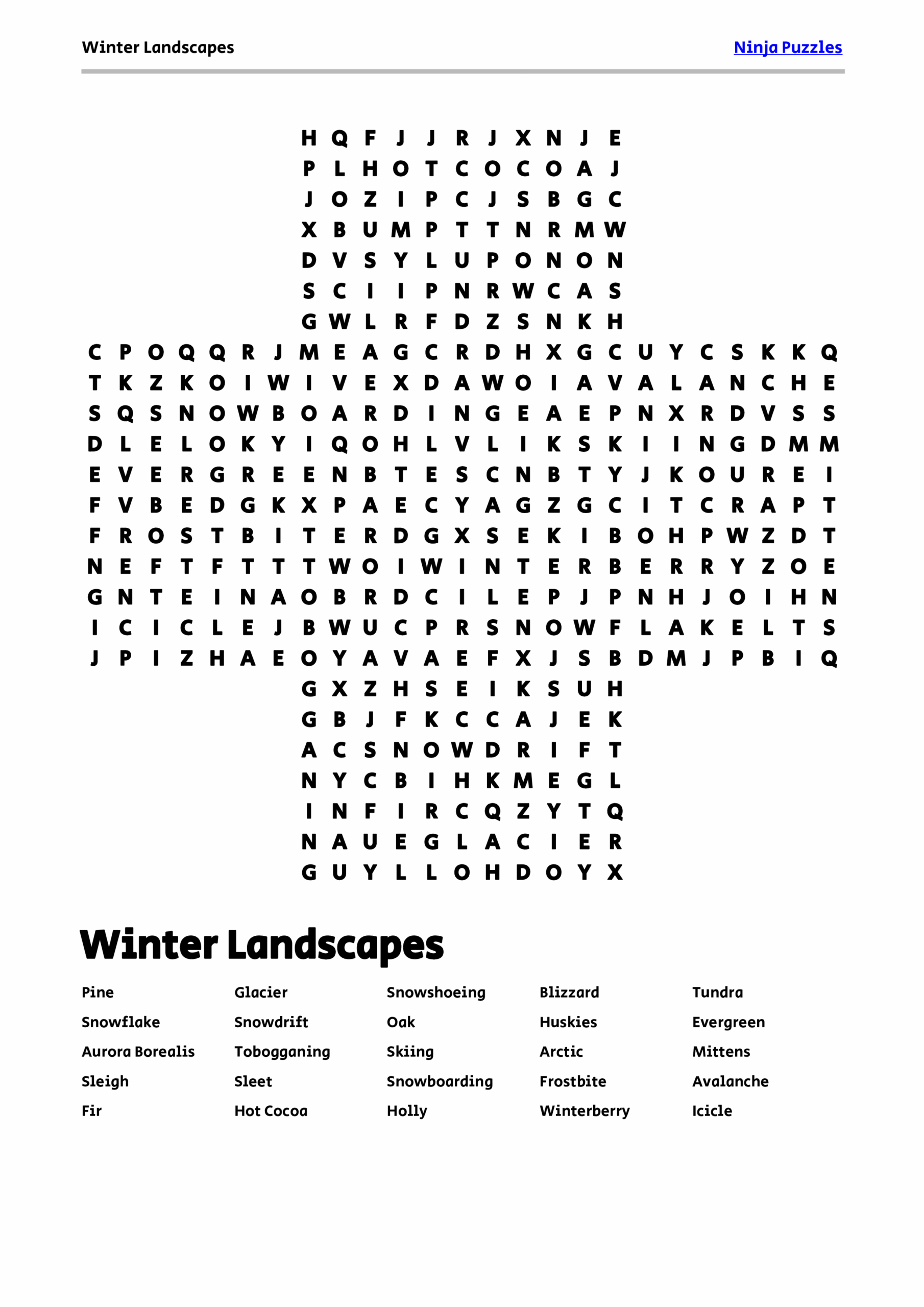Free Printable Winter Landscapes Themed Word Search Puzzle Free Printable PDF