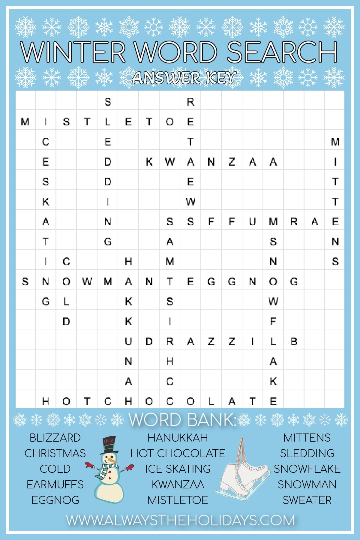 free winter word search printable with answer key included