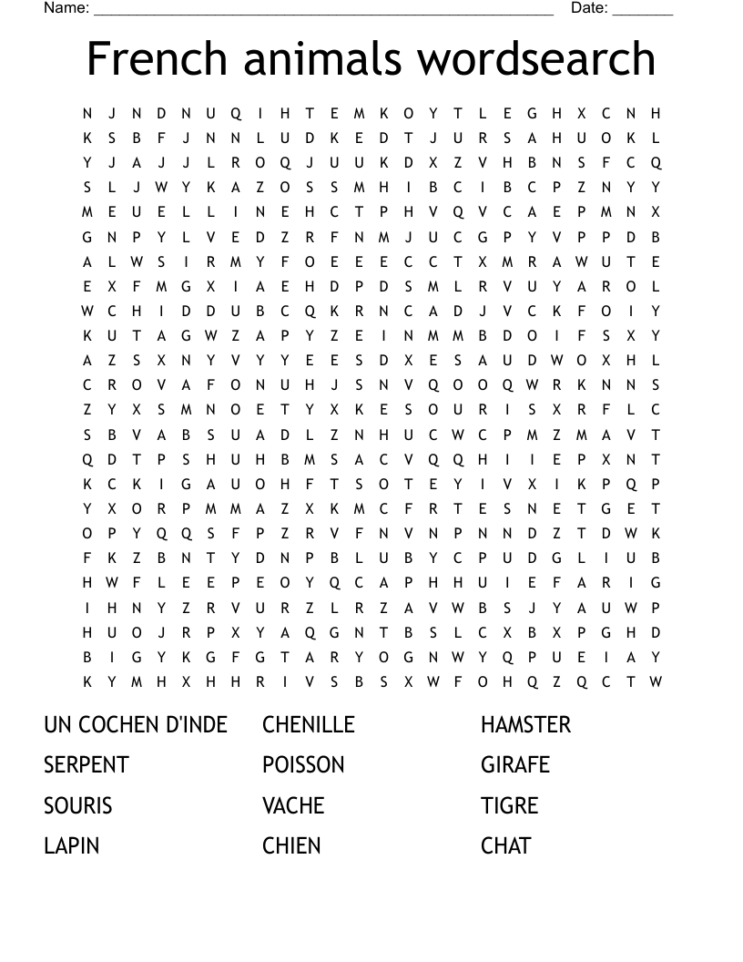 French Animals Wordsearch WordMint