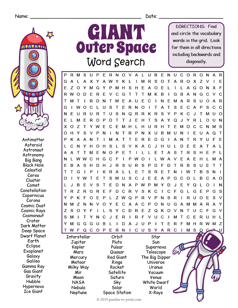 GIANT OUTER SPACE Themed Word Search Puzzle Worksheet Activity 
