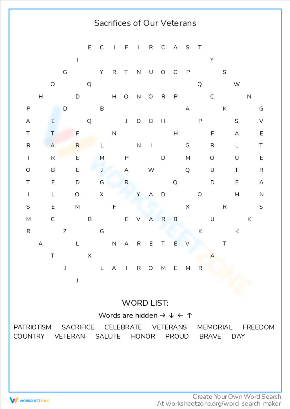Veterans Day Word Search Answers