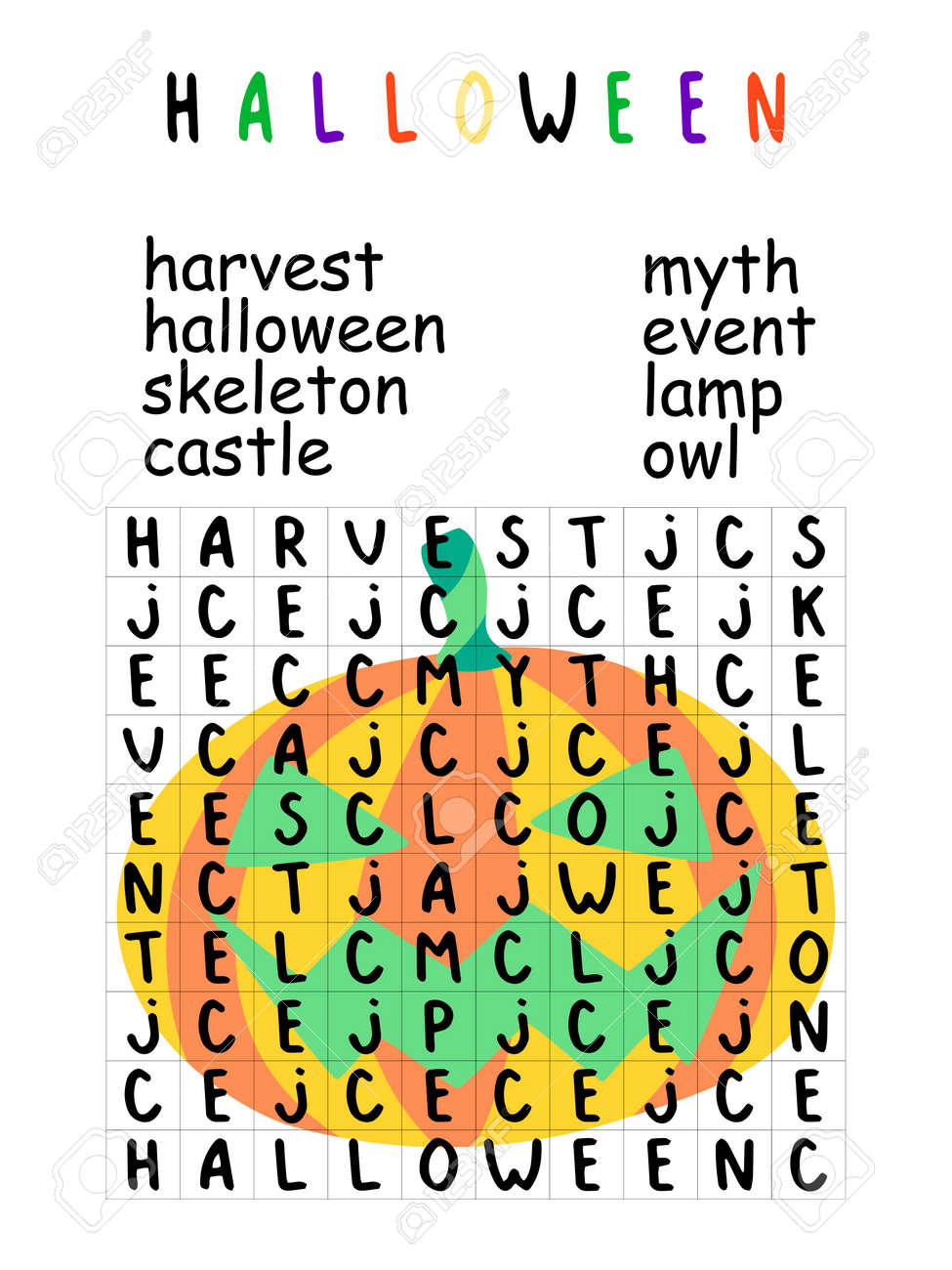 Halloween Word Search Puzzle Worksheet For Kids Stock Vector Illustration Funny Printable Word Search Puzzle With Cartoon Carved Pumpkin Vertical Jigsaw For Kids Autumn Holiday Topic Brainteaser Royalty Free SVG Cliparts Vectors 