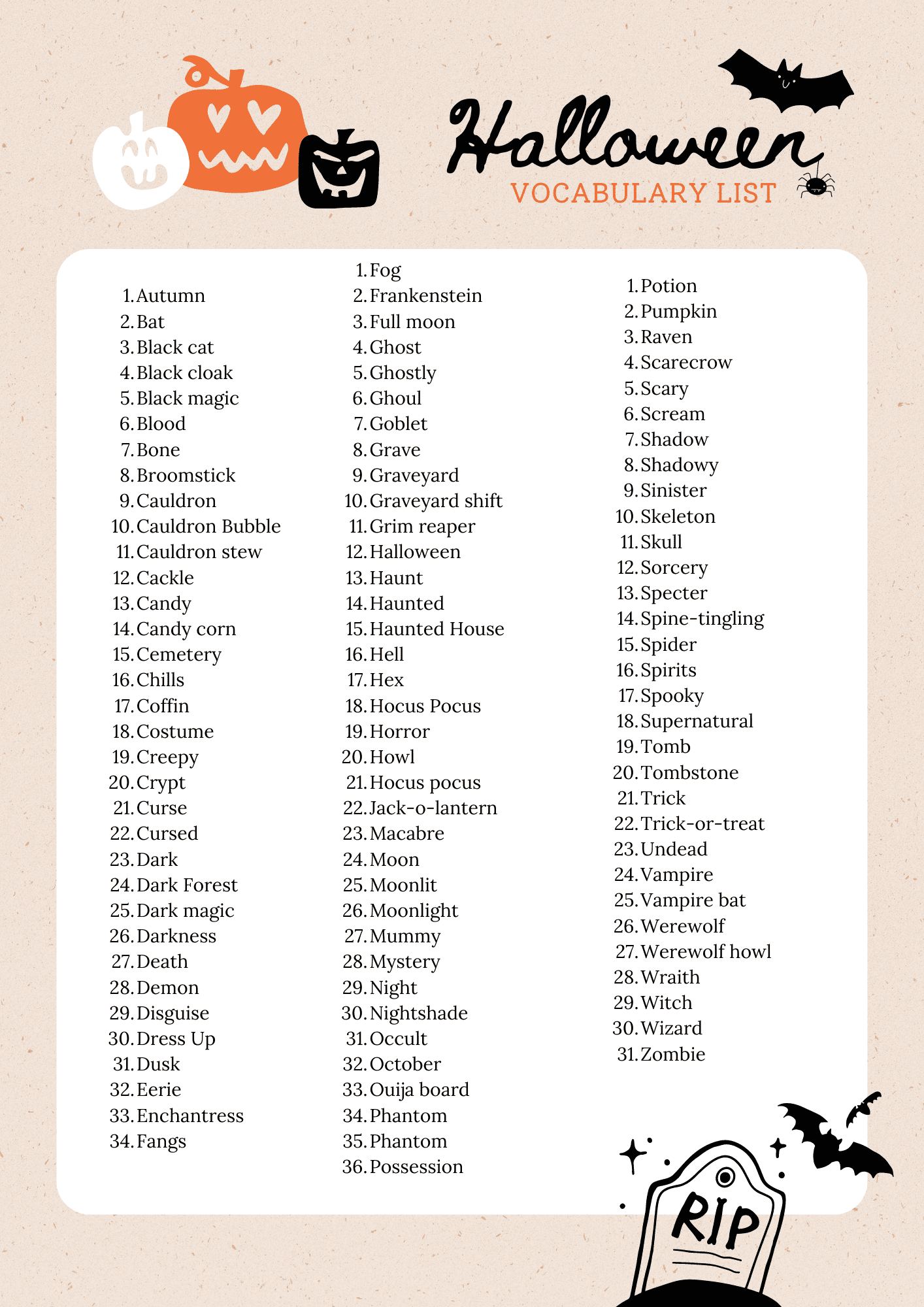 Halloween Words And Vocab Free Word Search PDF