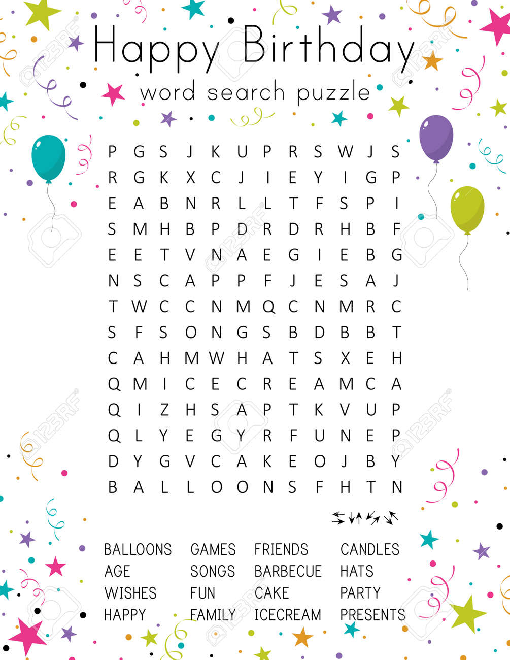Happy Birthday Word Search Puzzle Educational Game For Kids Crossword Suitable For Social Media Post olorful Worksheet For Learning English Words Royalty Free SVG Cliparts Vectors And Stock Illustration Image 164503638 