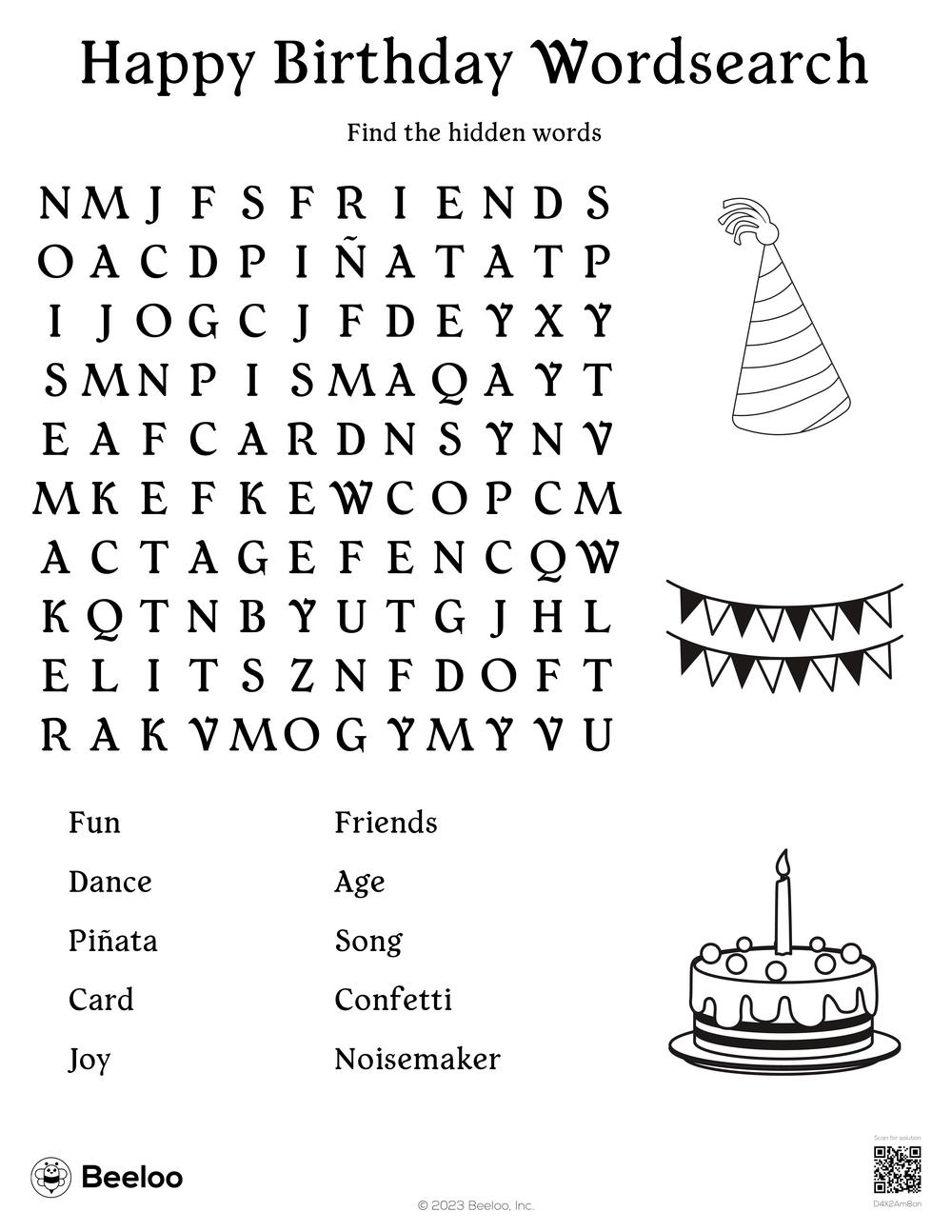 Happy Birthday Wordsearch Beeloo Printable Crafts And Activities For Kids