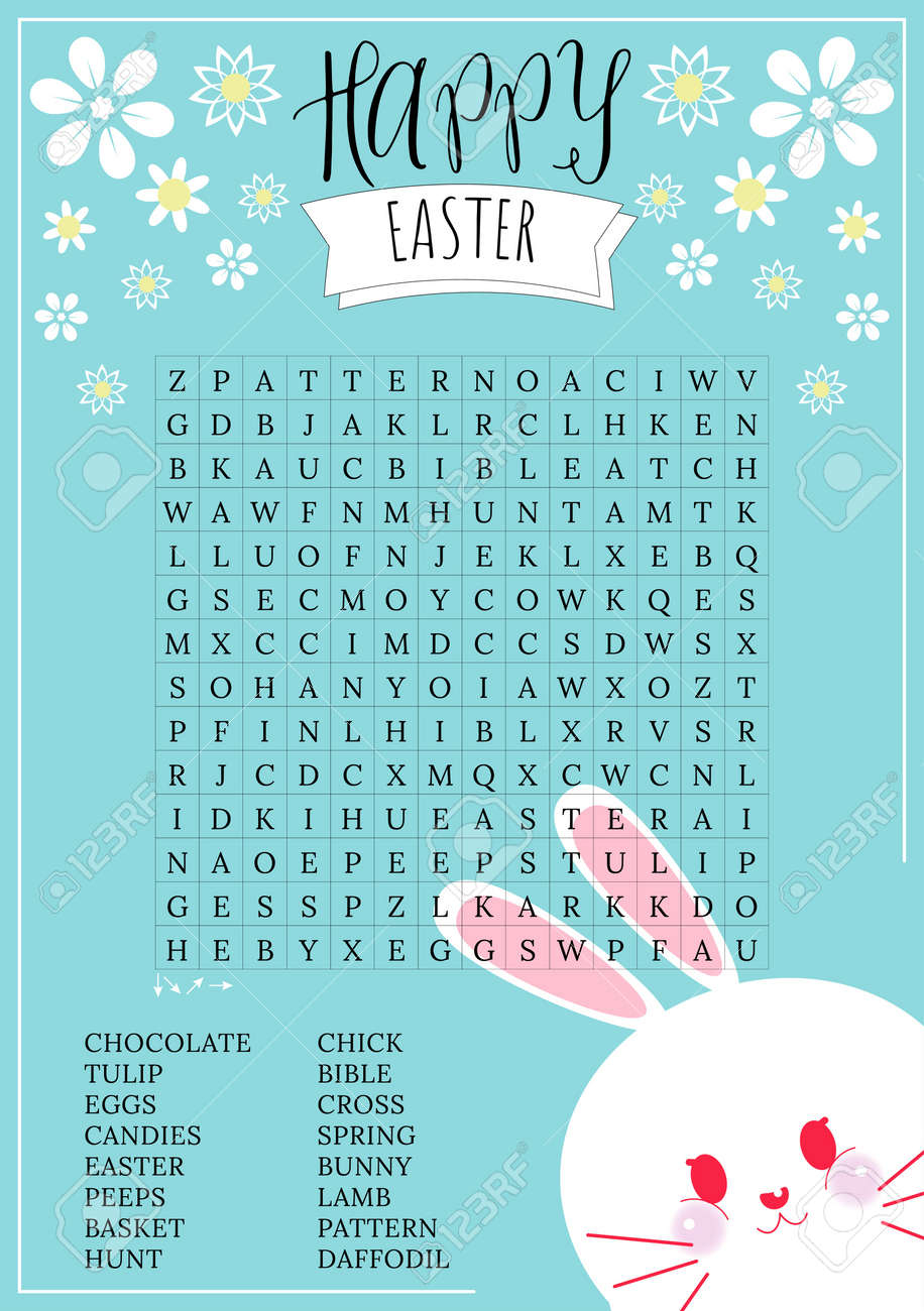 Happy Easter Spring Word Search Puzzle With Cute Kawaii Bunny Educational Holiday Crossword Trivia Game Festive Colorful Worksheet For Learning English Words Fun Printable Par Royalty Free SVG Cliparts Vectors And Stock