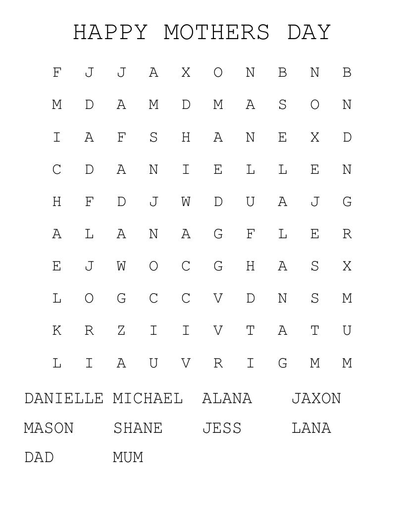 Mother's Day Word Search Free Printable