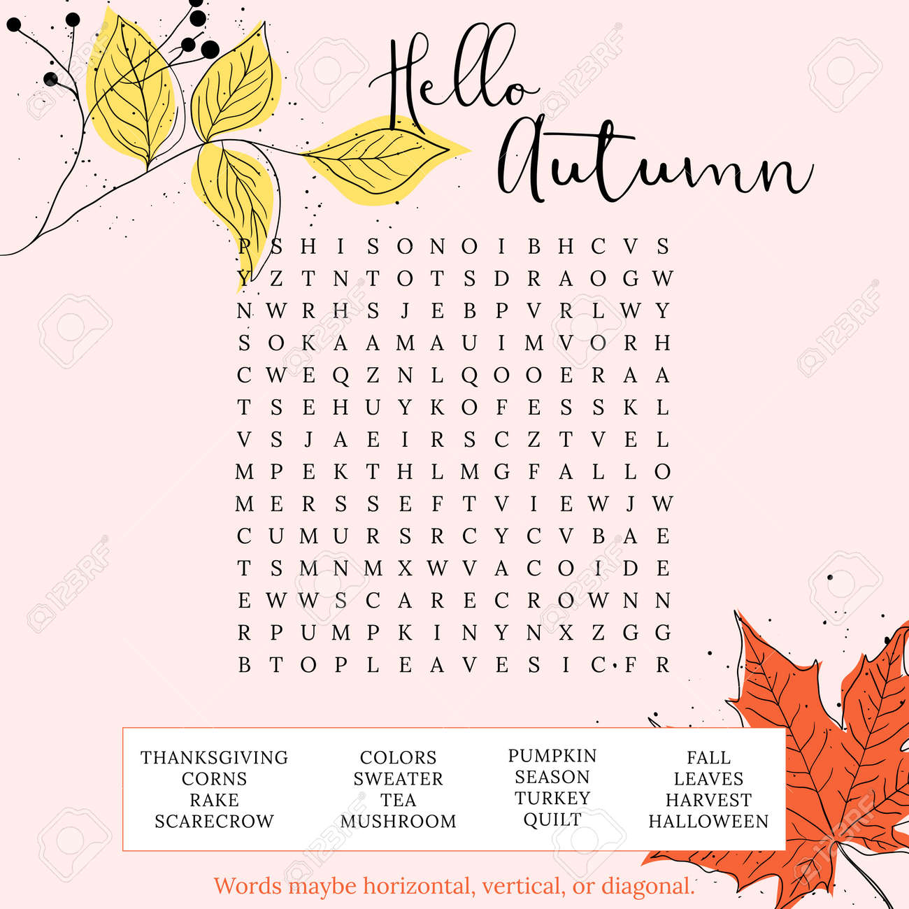 Hello Autumn Word Search Puzzle For Children Or Adults Crossword Game For Learning English Words Fun Suitable For Social Media Post Educational Worksheet Royalty Free SVG Cliparts Vectors And Stock Illustration Image