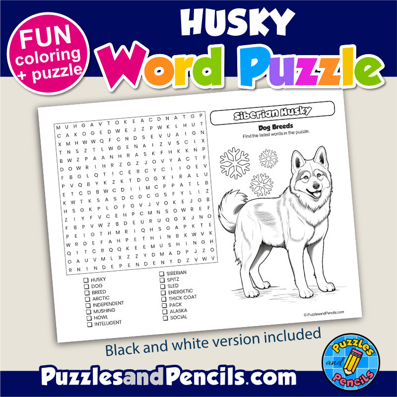 Husky Word Search Puzzle Activity Page And Coloring Dog Breeds Made By Teachers