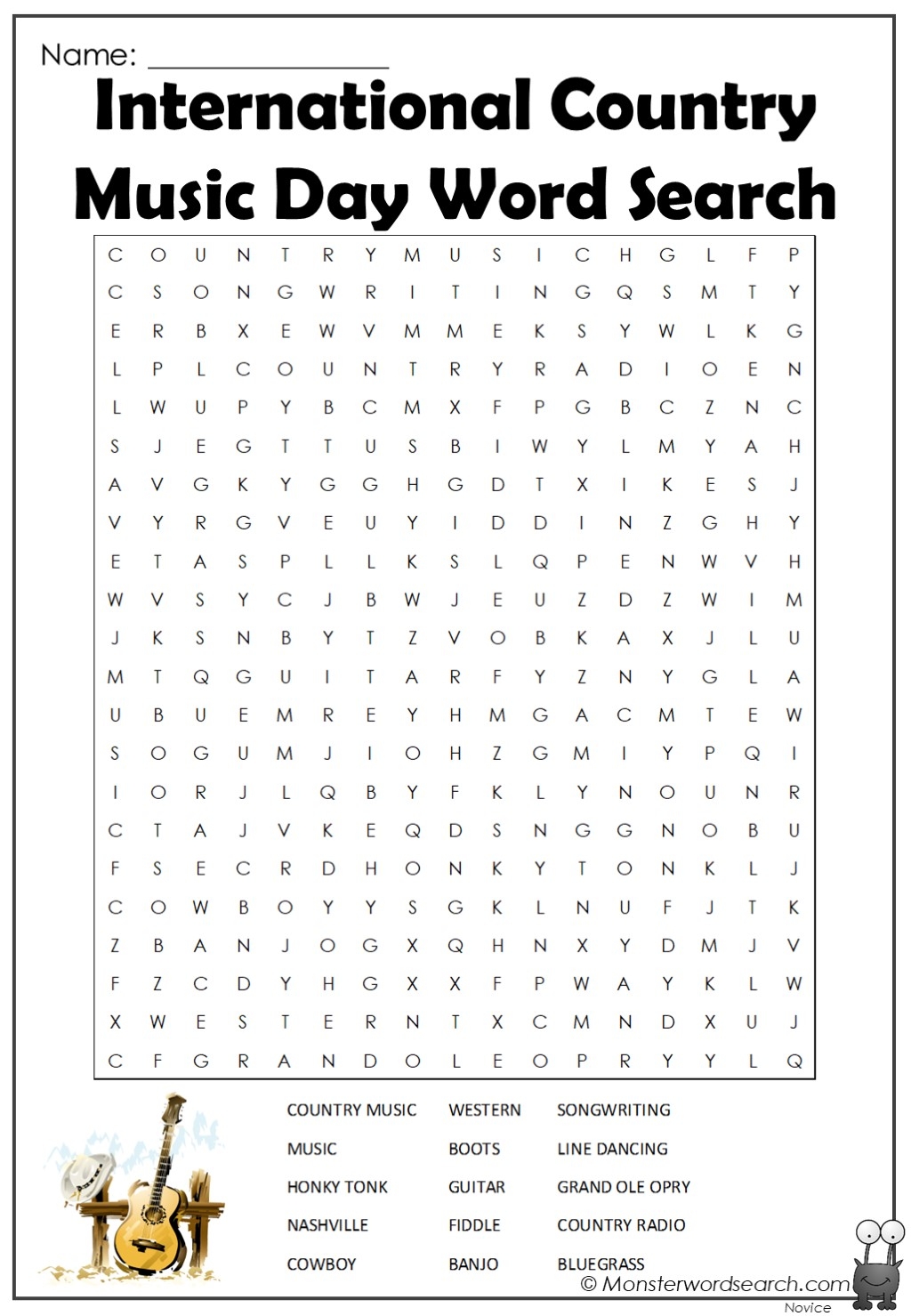 International Country Music Day Word Search Monster Word Search