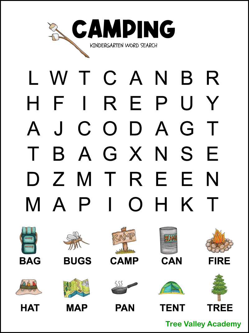 kindergarten camping word search tree valley academy