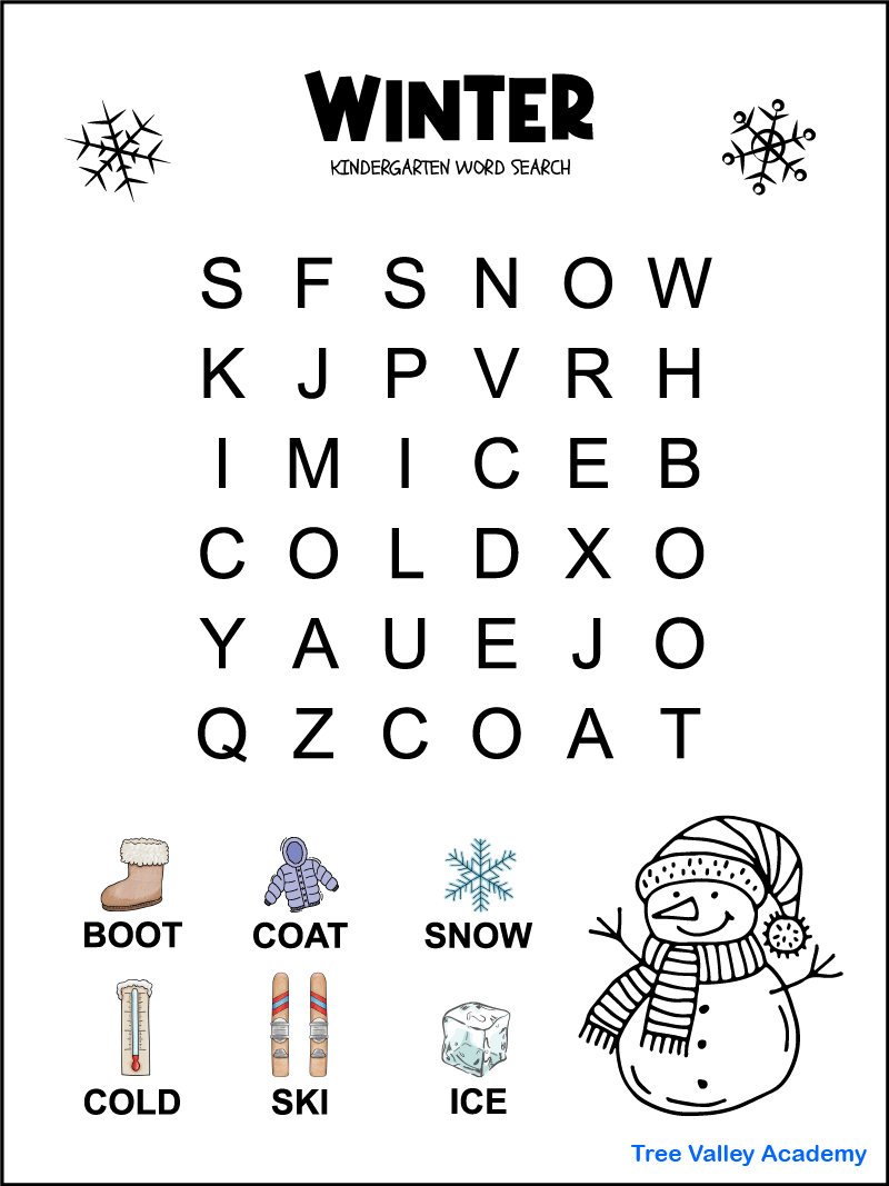 kindergarten winter word search tree valley academy