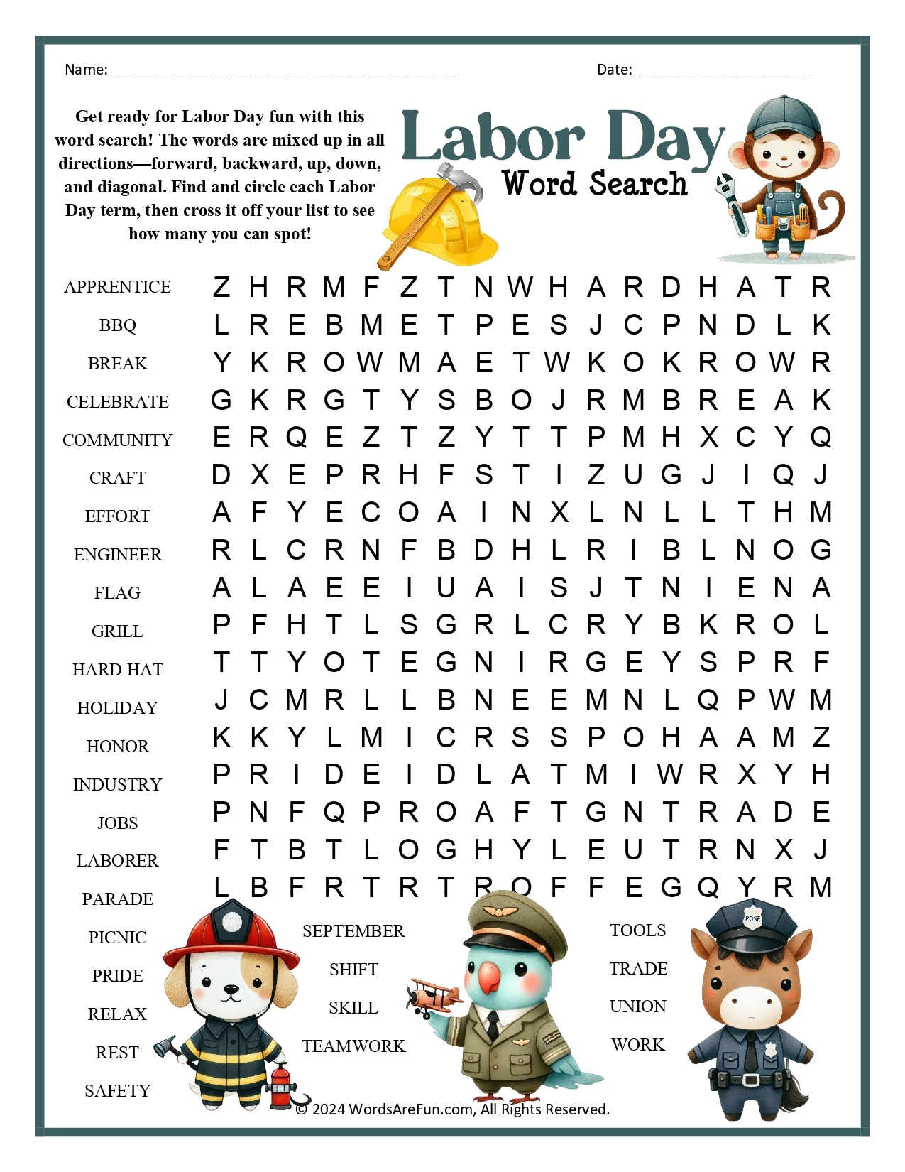 Labor Day Word Search Puzzles Labor Day Word Search Puzzles