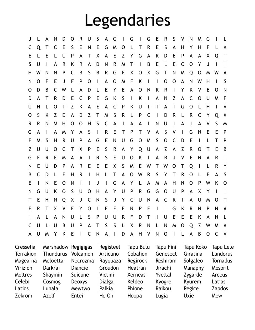 Legendary Pokemon Word Search WordMint Legendary Pokemon Word Search WordMint