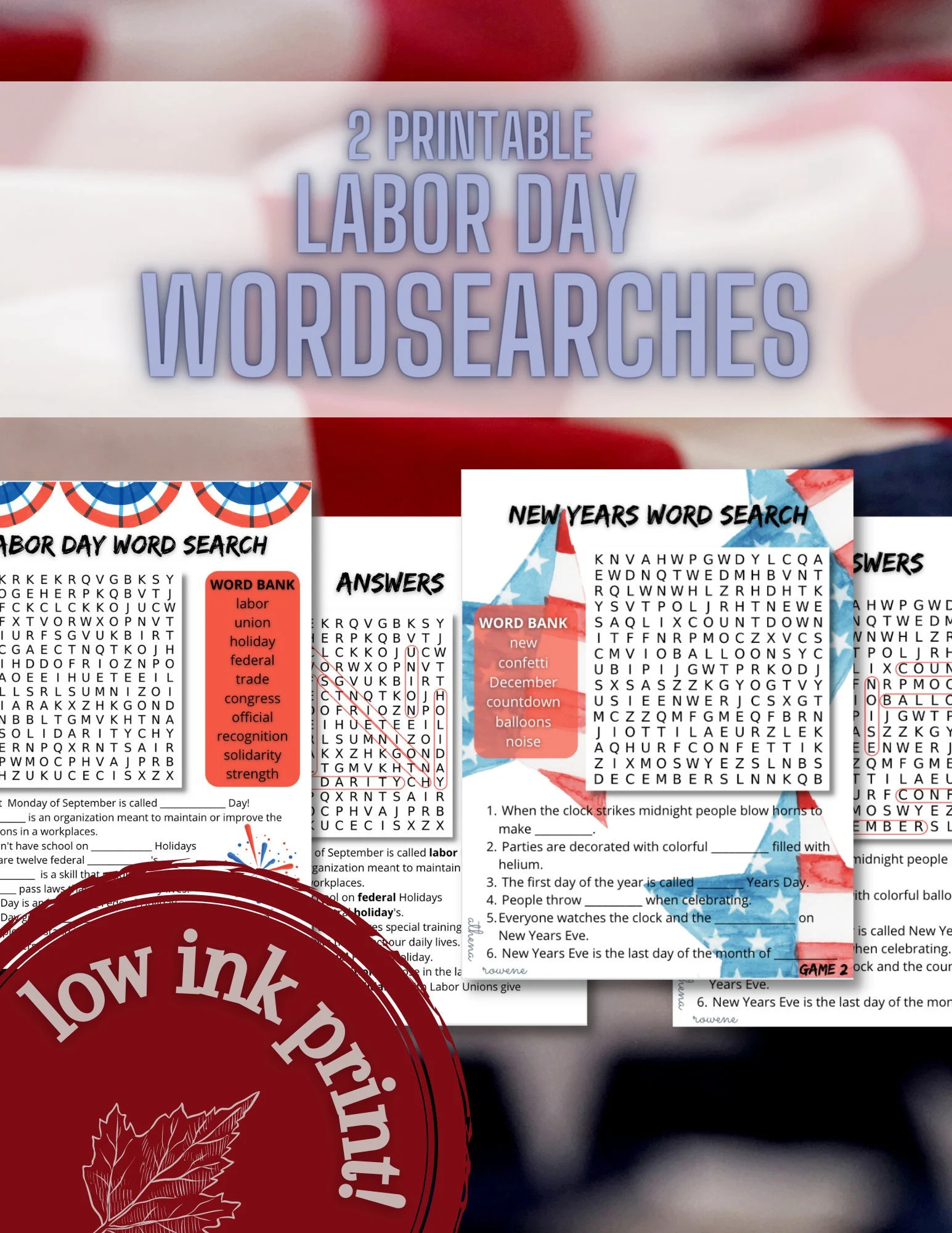 LOW INK 2 Labor Day Word Searches Printable with Answer Keys Etsy