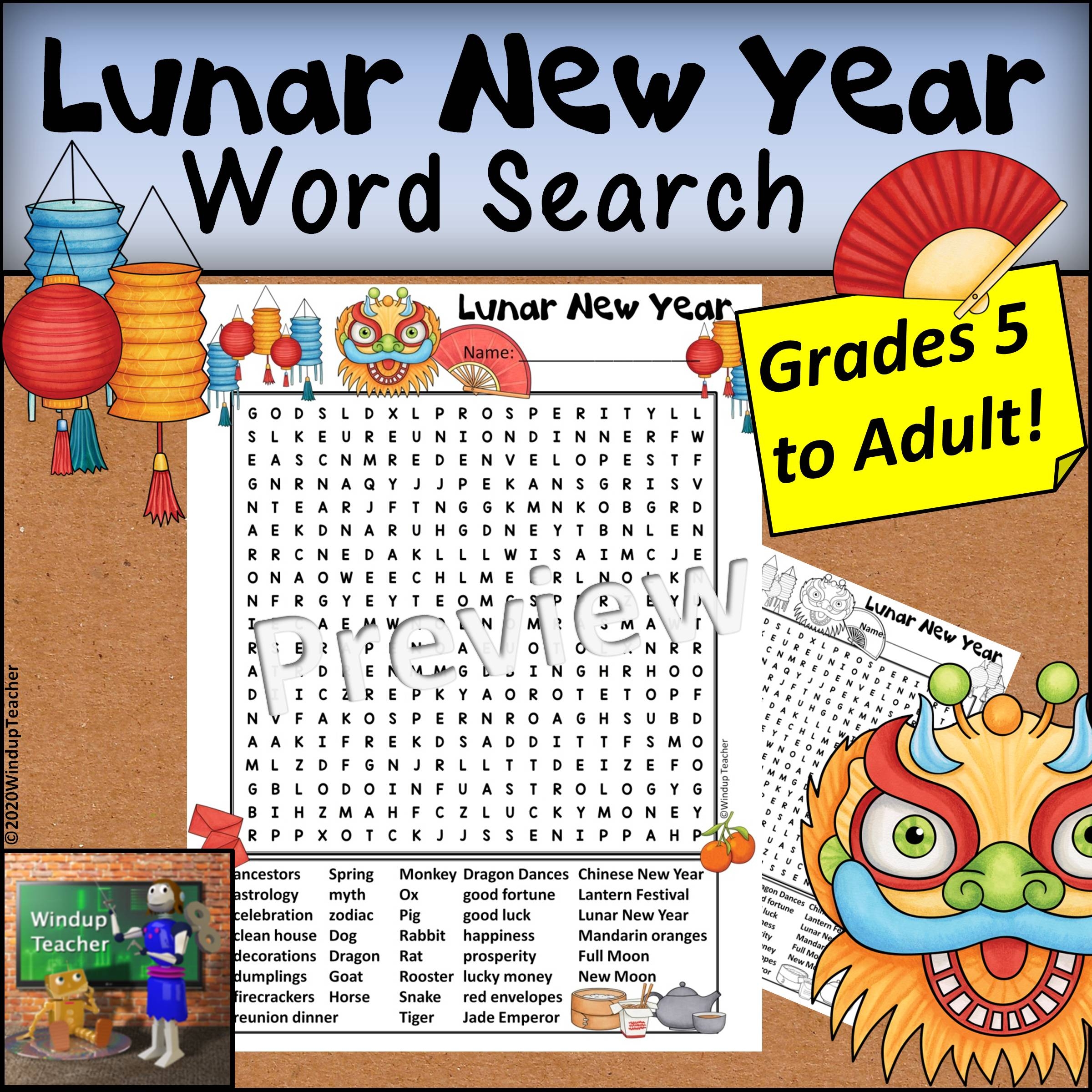 Lunar New Year Word Search Hard Grades 5u0026UP Made By Teachers