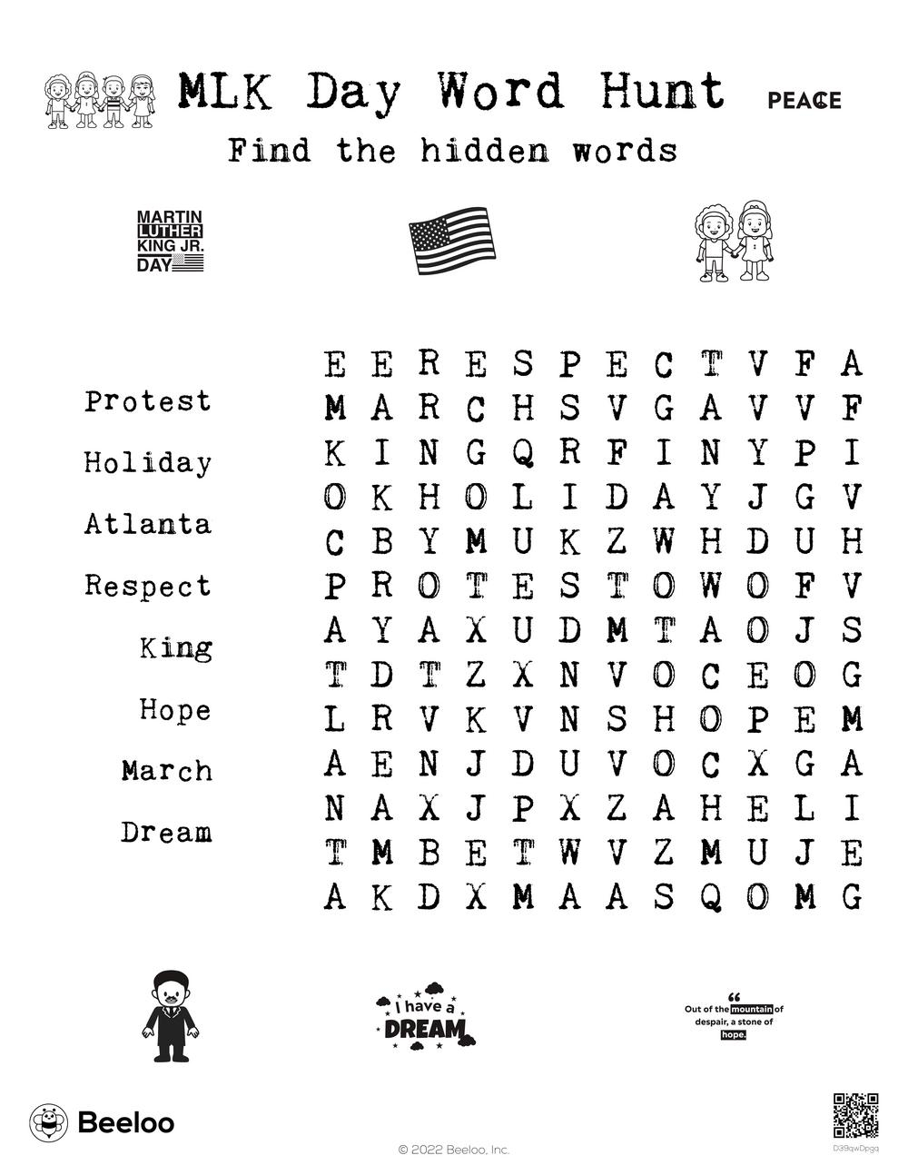 Martin Luther King Jr Day themed Word Searches Beeloo Printable Crafts And Activities For Kids