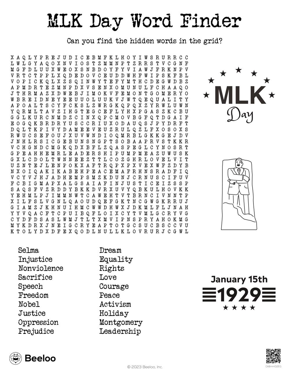 Martin Luther King Word Search Free Printable