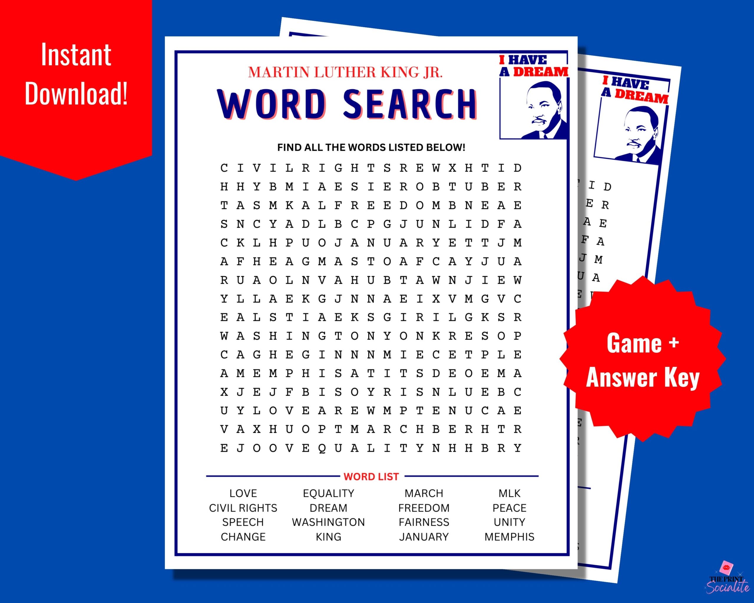 Martin Luther King Jr Word Search MLK Jr Day Printable Game 