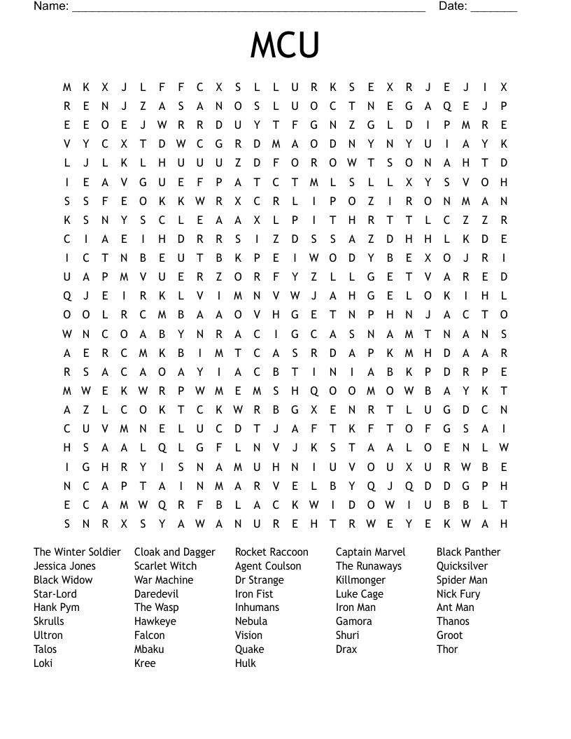 Marvel Characters Word Search WordMint