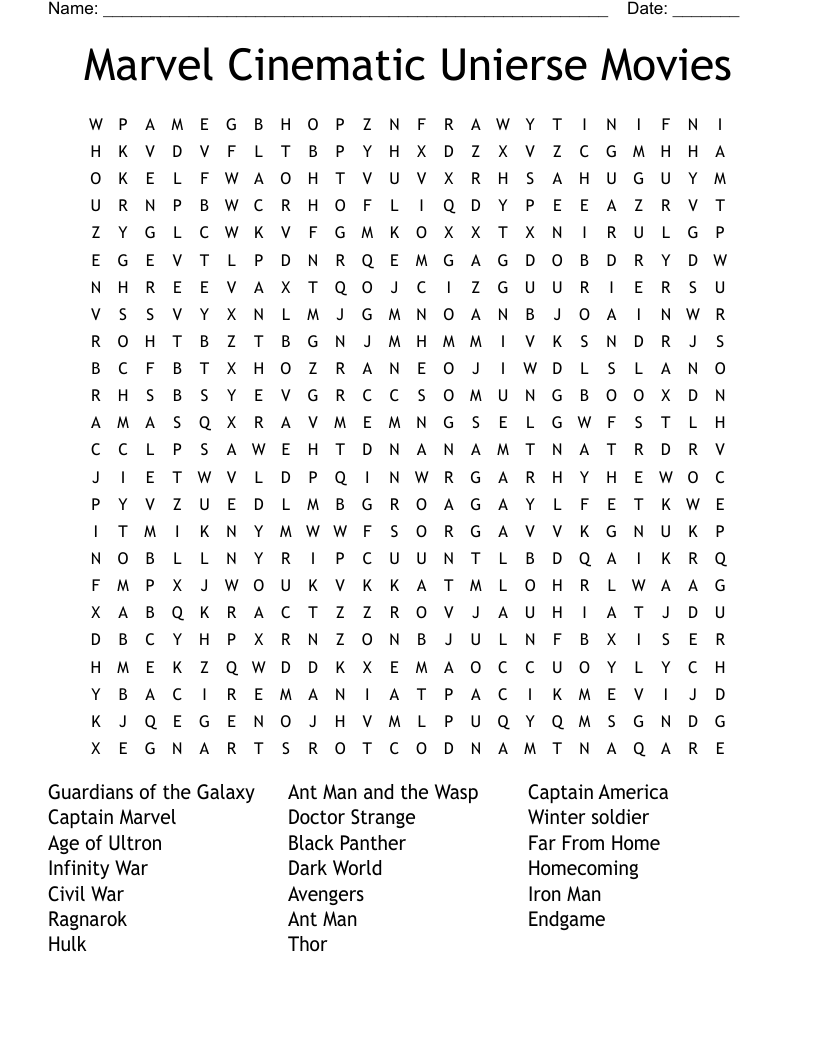 Marvel Cinematic Unierse Movies Word Search WordMint