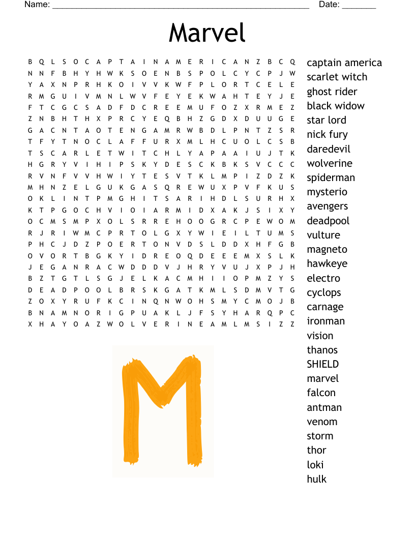 Marvel Word Search WordMint